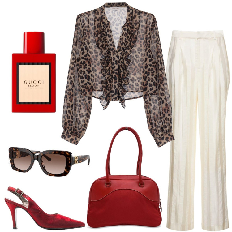 Outfit donna - Tempo libero. Stile Chic per Tutti i giorni. Abbinamento con borse a mano, décolleté, profumi, camicie, occhiali da sole, pantaloni.