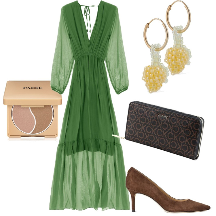 Outfit donna - Tempo di vendemmia. Stile Bon Ton per Cerimonia. Abbinamento con terre, décolleté, vestiti lunghi, orecchini, portafogli.