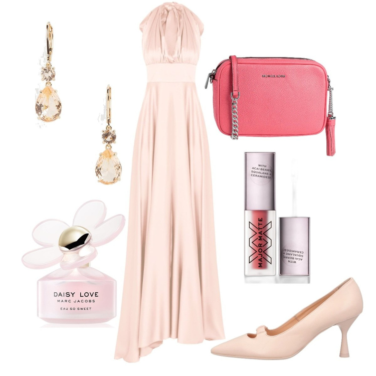 Outfit donna - Abito importante in rosa cipria. Stile Chic per Serata fuori. Abbinamento con décolleté, borse a tracolla, profumi, rossetti, vestiti lunghi, orecchini.