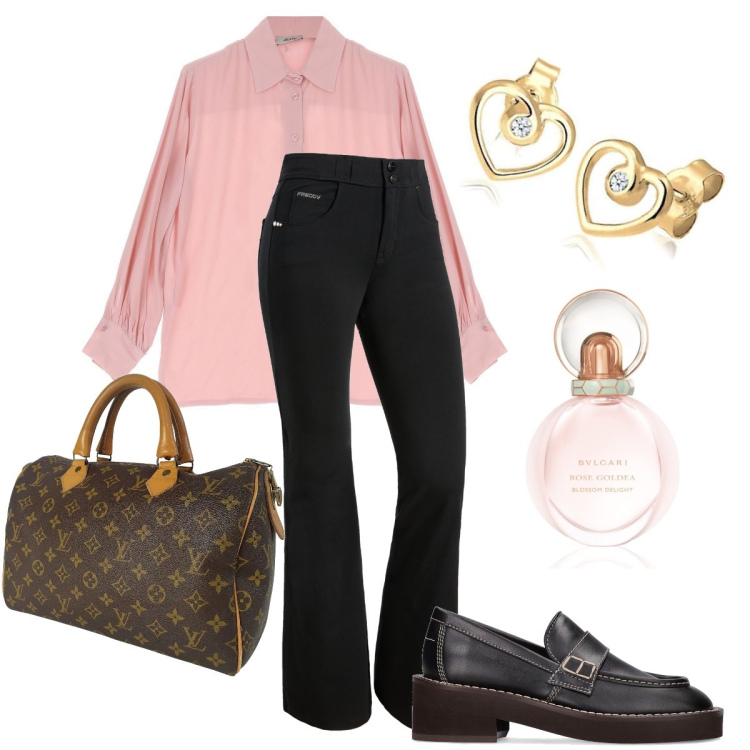 Outfit donna - La Vuitton everywhere. Stile Trendy per Ufficio. Abbinamento con borse a mano, profumi, pantaloni, camicie, mocassini, orecchini.