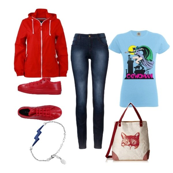 Outfit donna - Autunno color. Stile Trendy per Serata fuori. Abbinamento con jeans skinny, sneakers tennis, giacca rosso, t-shirt con fumetto a maniche corte blu, borsa a mano cartella grigio, braccialetti.