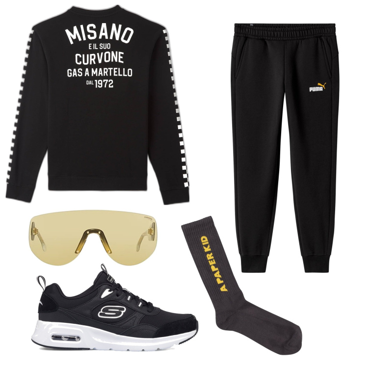 Outfit uomo - Total look #1720021. Stile Casual per Tutti i giorni. Abbinamento con felpe, pantaloni, sneakers, calzini, occhiali da sole.