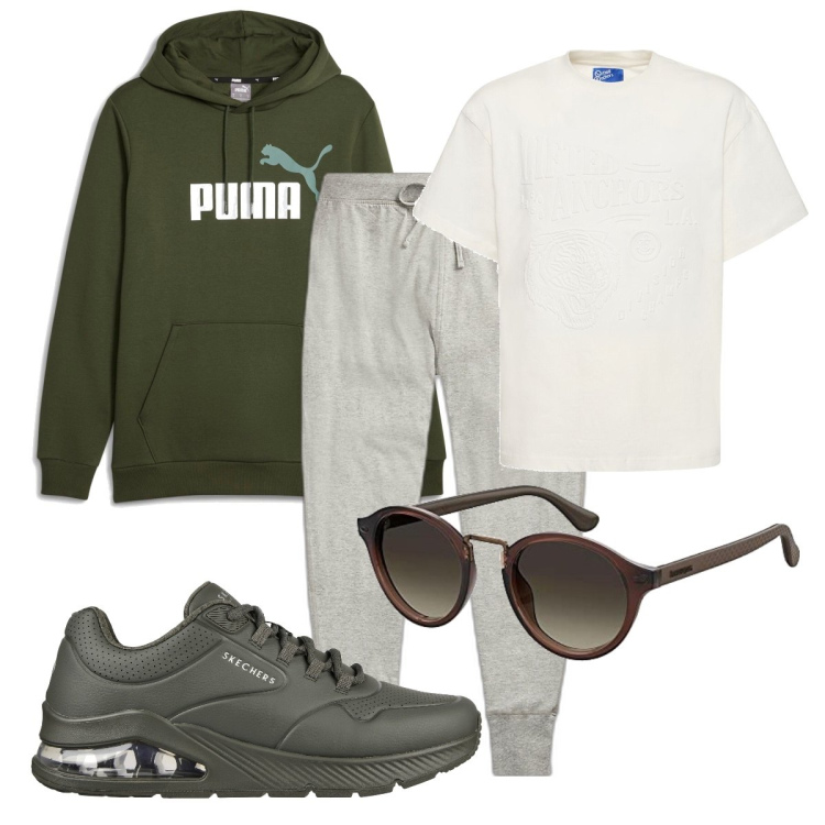 Outfit uomo - Total look #1720058. Stile Urban per Sport. Abbinamento con pantaloni, felpe con cappuccio, sneakers, occhiali da sole, t-shirt.