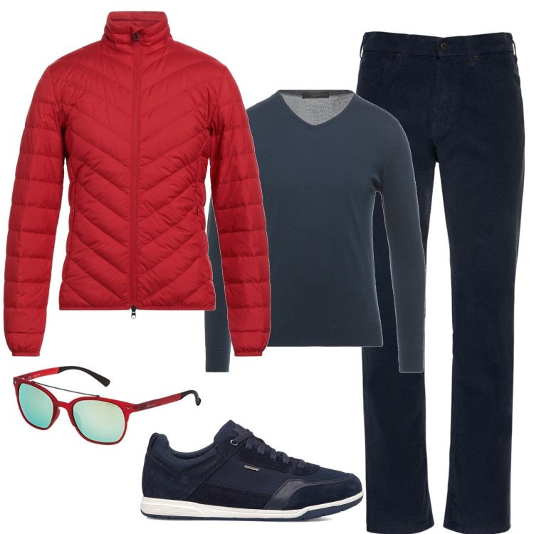 Outfit uomo - Piumino rosso. Stile Casual per Tutti i giorni. Abbinamento con sneakers, pullovers, piumini, occhiali da sole, jeans.