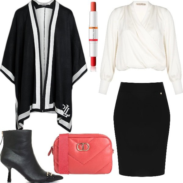 Outfit donna - Il colloquio importante. Stile Chic per Ufficio. Abbinamento con borse a tracolla, correttori, gonne, bluse, stivaletti, cappe.