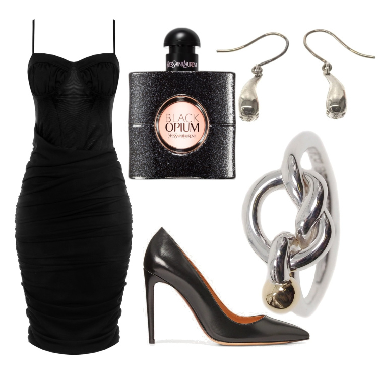 Outfit donna - Chic. per Serata fuori. Abbinamento con orecchini, anelli, profumi, vestiti a tubino, décolleté.