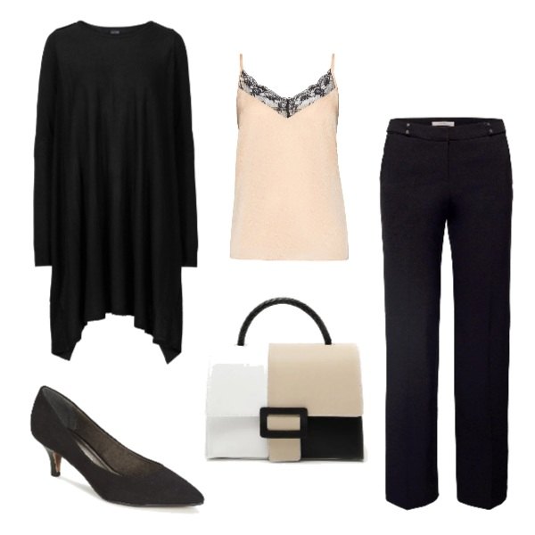 Outfit donna - Bon Ton #11726. Stile Bon Ton per Ufficio. Abbinamento con maglieria, scarpe nero, pantalone nero, canottiera con pizzo e spalline beige, borsa a tracolla con manico e fibbia maxi forma intrecciata.