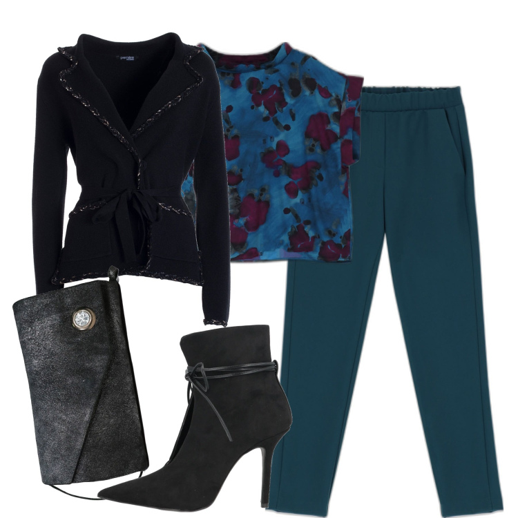 Outfit donna - Petrolio e nero. Stile Casual chic per Tutti i giorni. Abbinamento con stivaletti, borse a spalla, maglieria, pantaloni, blazer.