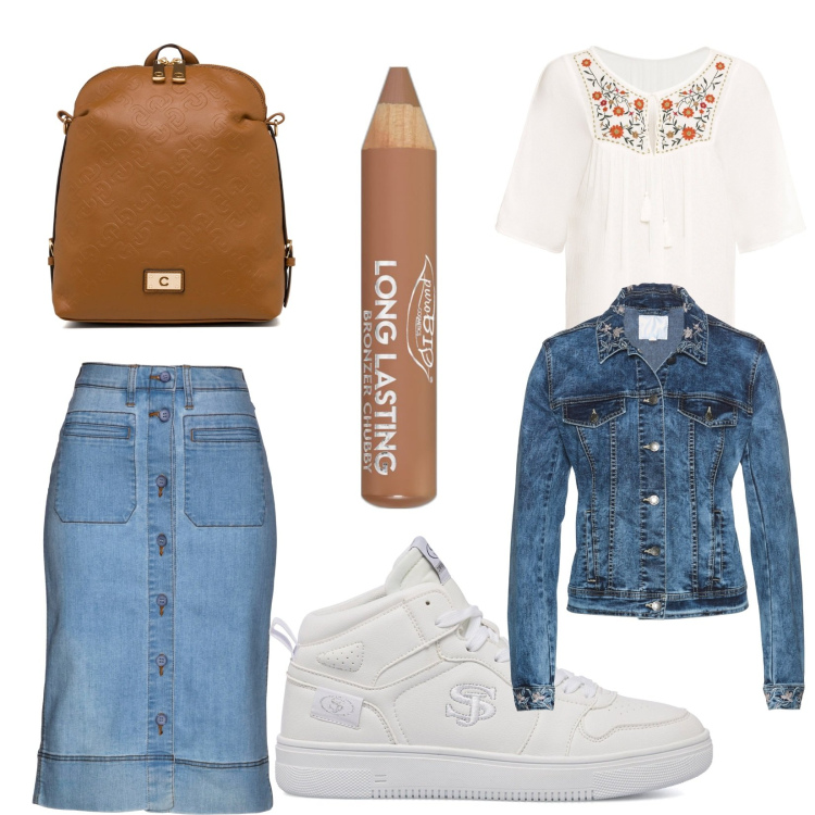 Outfit donna - Gita al castello. Stile Basic per Tutti i giorni. Abbinamento con gonne, tuniche, blazer, terre, sneakers alte, zaini.