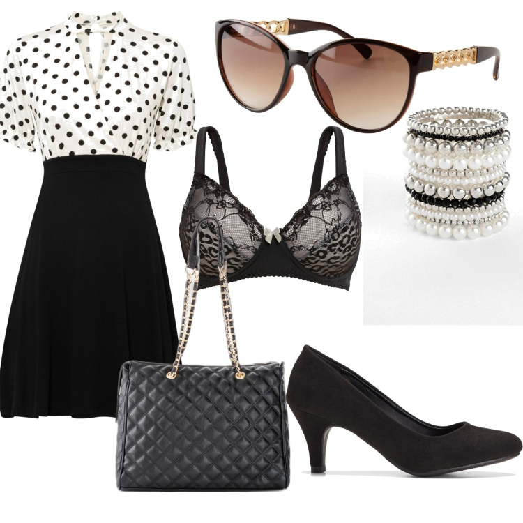 Outfit donna - Cena aziendale. Stile Chic per Serata fuori. Abbinamento con décolleté, shopping bag, braccialetti, vestiti, reggiseni, occhiali da sole.