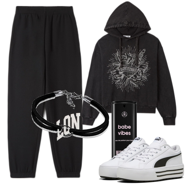 Outfit donna - Lazy sunday. Stile Casual chic per Sport. Abbinamento con profumi, pantaloni, felpe con cappuccio, sneakers, braccialetti.