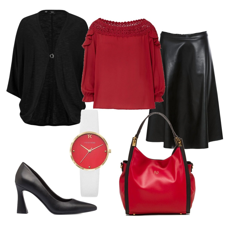 Outfit donna - Carlotta. Stile Casual chic per Tutti i giorni. Abbinamento con cardigans, camicie, gonne, borse a spalla, décolleté, orologi analogici.