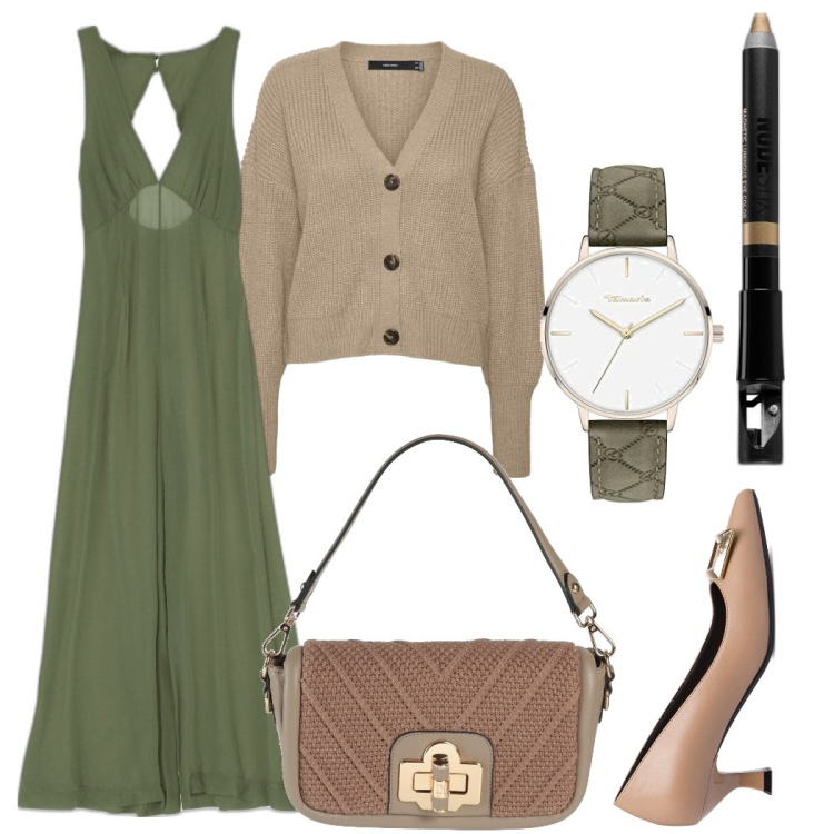 Outfit donna - Pomeriggio domenicale. Stile Bon Ton per Serata fuori. Abbinamento con borse a mano, ombretti, tute, décolleté, cardigans, orologi.