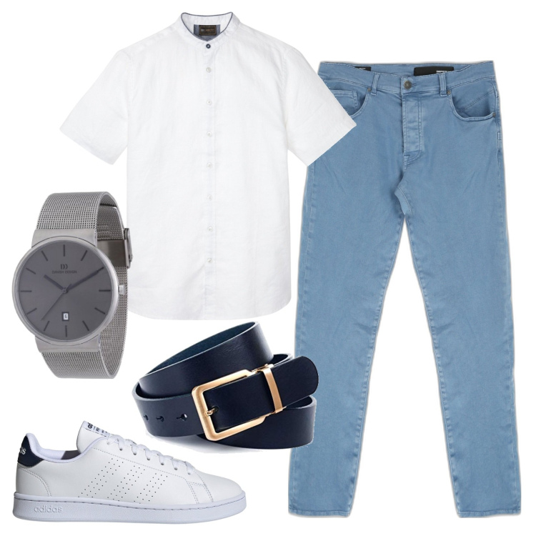 Outfit uomo - Ufficio casual. Stile Casual per Ufficio. Abbinamento con camicie a manica corta, pantaloni, sneakers alte, orologi, cinture.