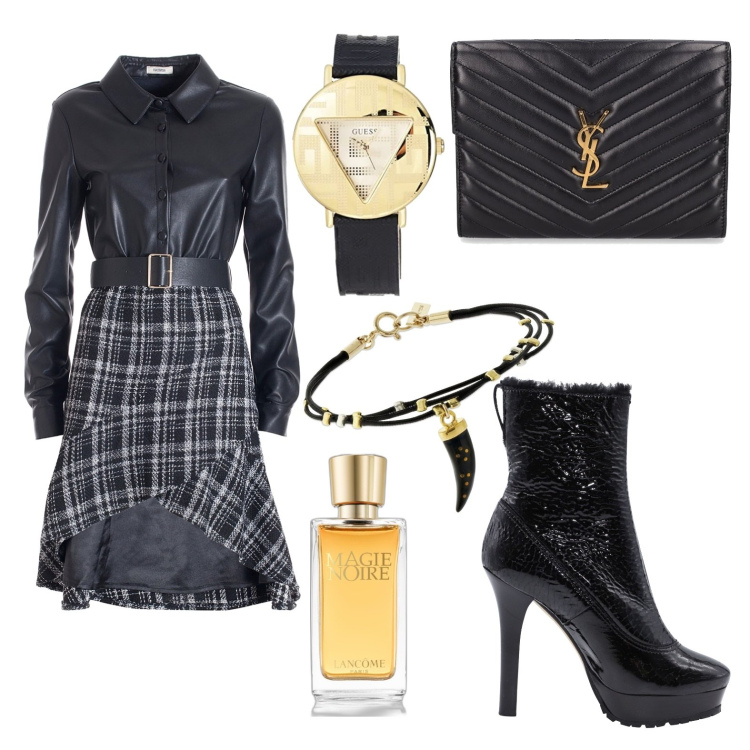 Outfit donna - Cena romantica. Stile Rock per Serata fuori. Abbinamento con stivaletti, profumi, vestiti asimmetrici, pochette, braccialetti, orologi analogici.