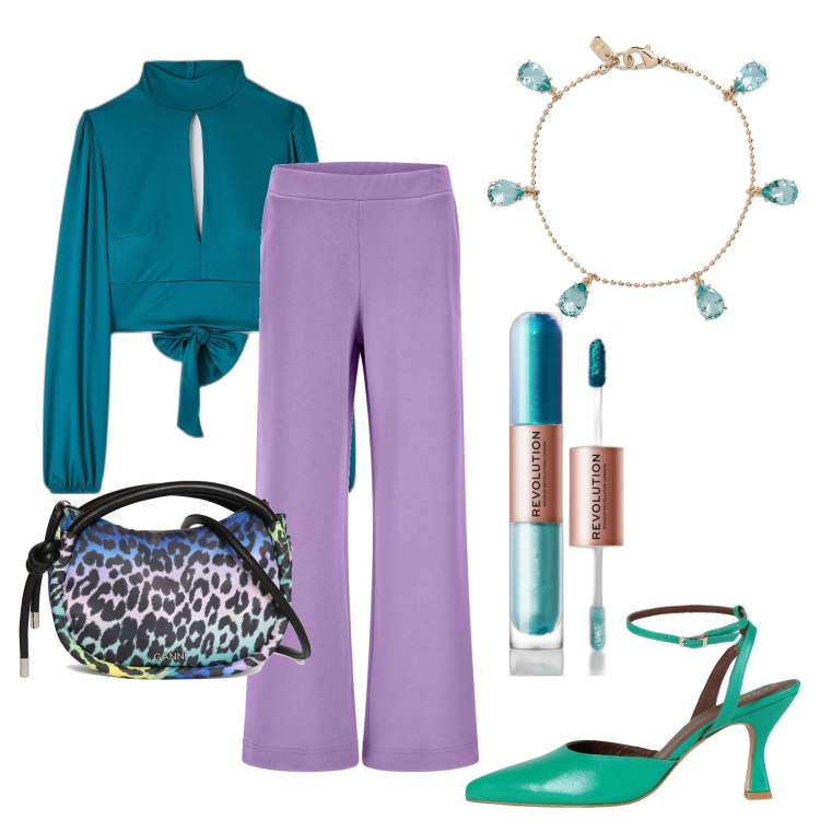 Outfit donna - Oggi colorata. Stile Chic per Serata fuori. Abbinamento con décolleté, ombretti, t-shirt, pantaloni a palazzo, braccialetti, borse a mano.