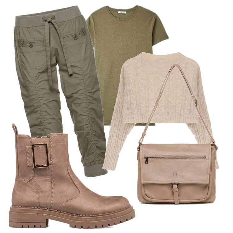 Outfit donna - Autunno. Stile Urban per Tutti i giorni. look ideale per Tall. Abbinamento con pantaloni capri, t-shirt, maglieria, borse a tracolla, stivaletti.