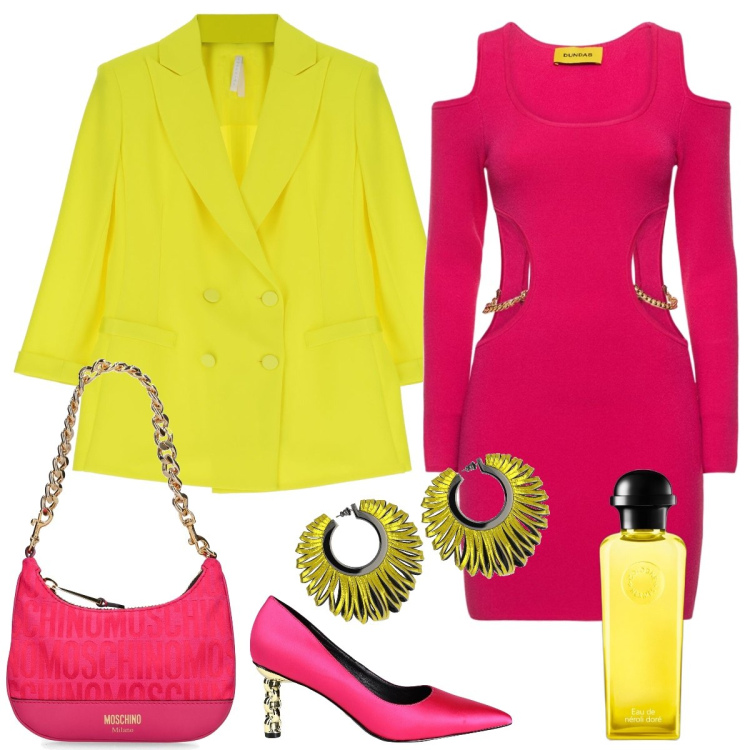 Outfit donna - Stile anni 80. Stile Vintage retrò per Serata fuori. Abbinamento con décolleté, profumi, giacche, vestiti, borse a mano, orecchini.