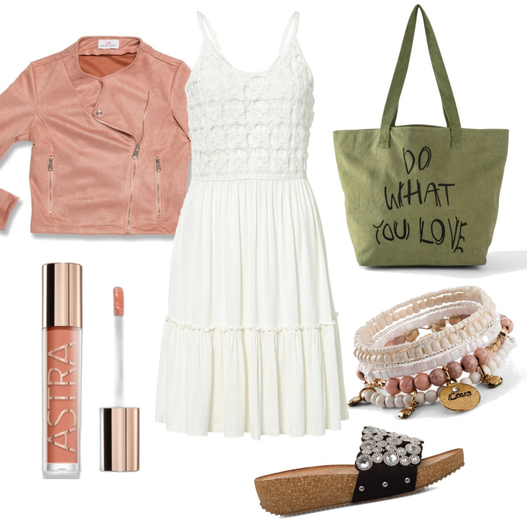 Outfit donna - Total look #1720301. Stile Casual per Tutti i giorni. Abbinamento con braccialetti, shopping bag, vestiti, gloss, cappotti, ciabatte.