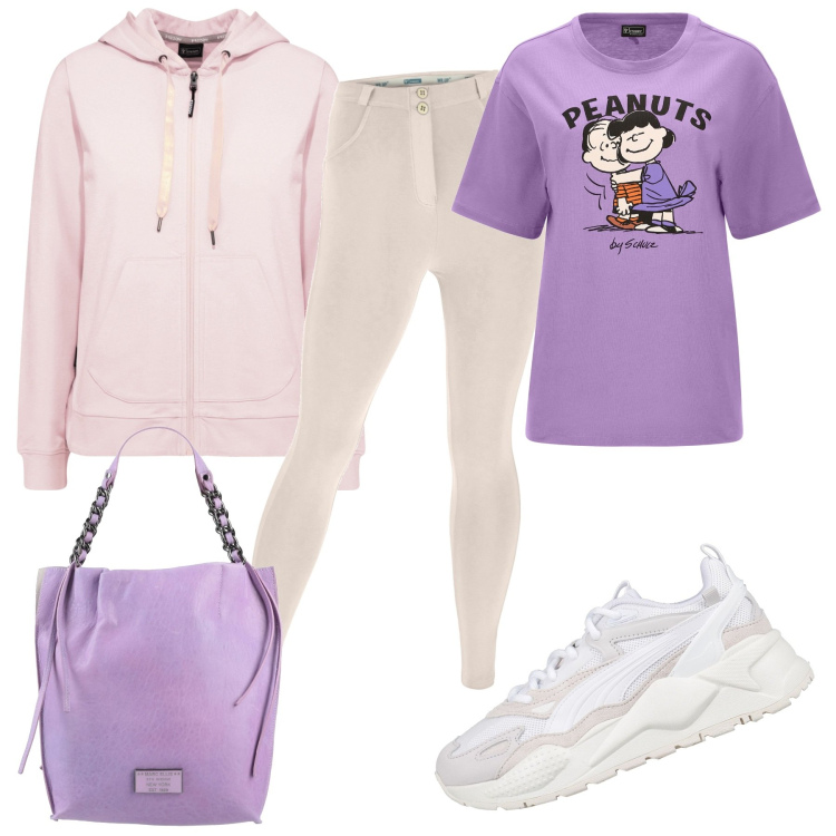 Outfit donna - In forma con Freddy. Stile Casual per Sport. Abbinamento con sneakers, borse a mano, felpe con cappuccio, pantaloni skinny, t-shirt.