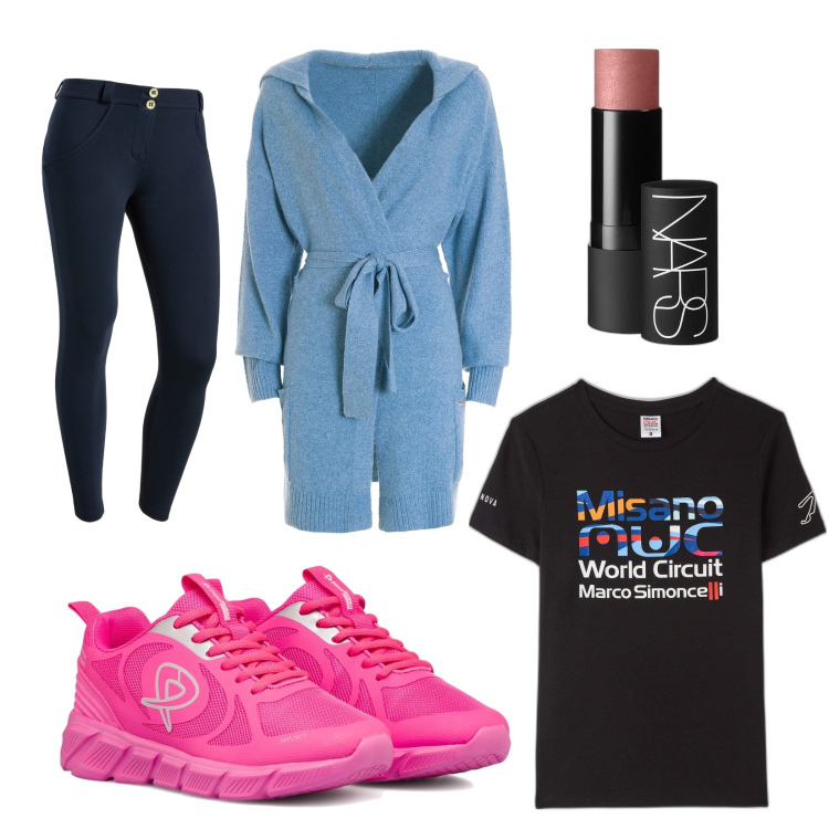 Outfit donna - Lotta. Stile Sporty chic per Sport. Abbinamento con blush, t-shirt, cardigans, pantaloni skinny, scarpe sportive.
