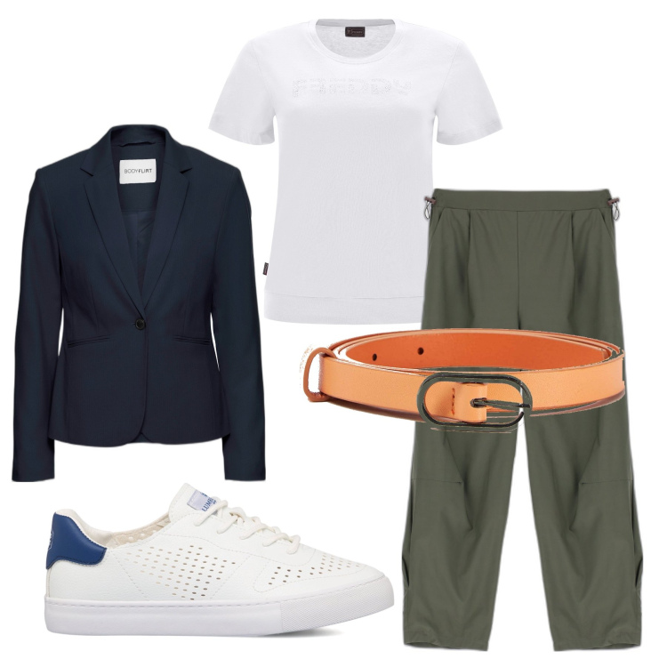 Outfit donna - Teacher outfit. Stile Casual per Scuola/Università. Abbinamento con blazer, cinture, pantaloni capri, t-shirt, sneakers.