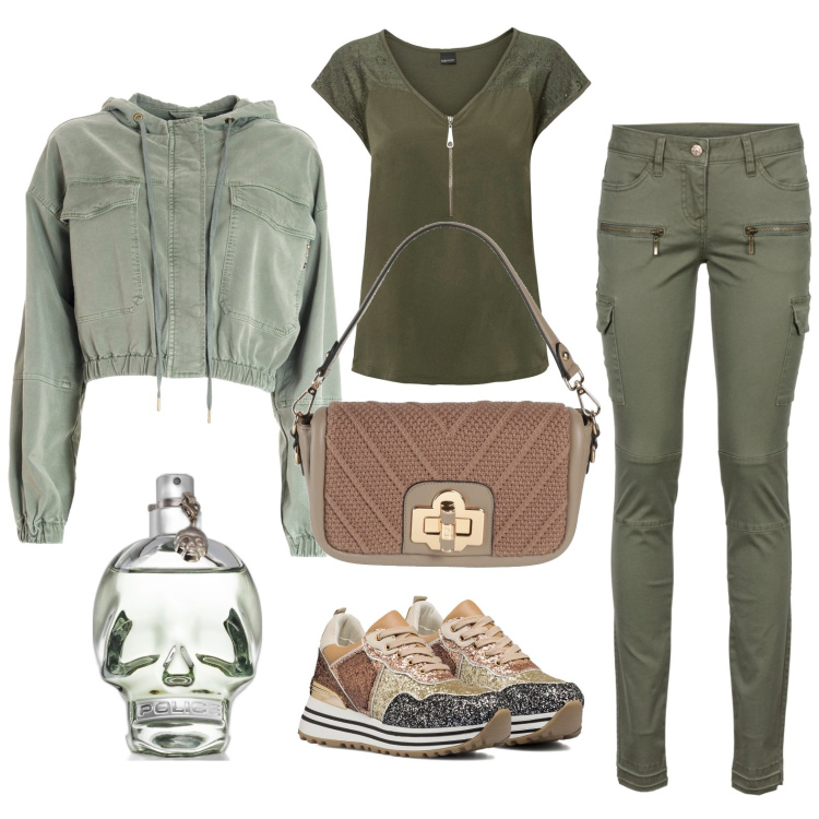 Outfit donna - Total look #1720395. Stile Casual per Tutti i giorni. Abbinamento con pantaloni cargo, t-shirt, borse a mano, profumi, blazer, sneakers.