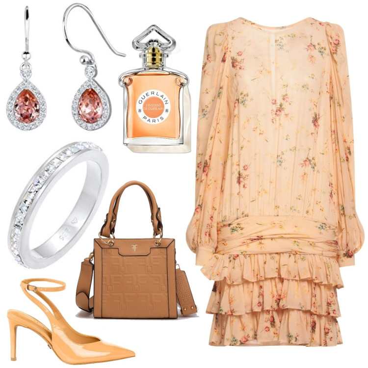 Outfit donna - Cerimonia a settembre. Stile Romantica per Cerimonia. Abbinamento con vestiti corti, décolleté, profumi, borse tote, anelli, orecchini.