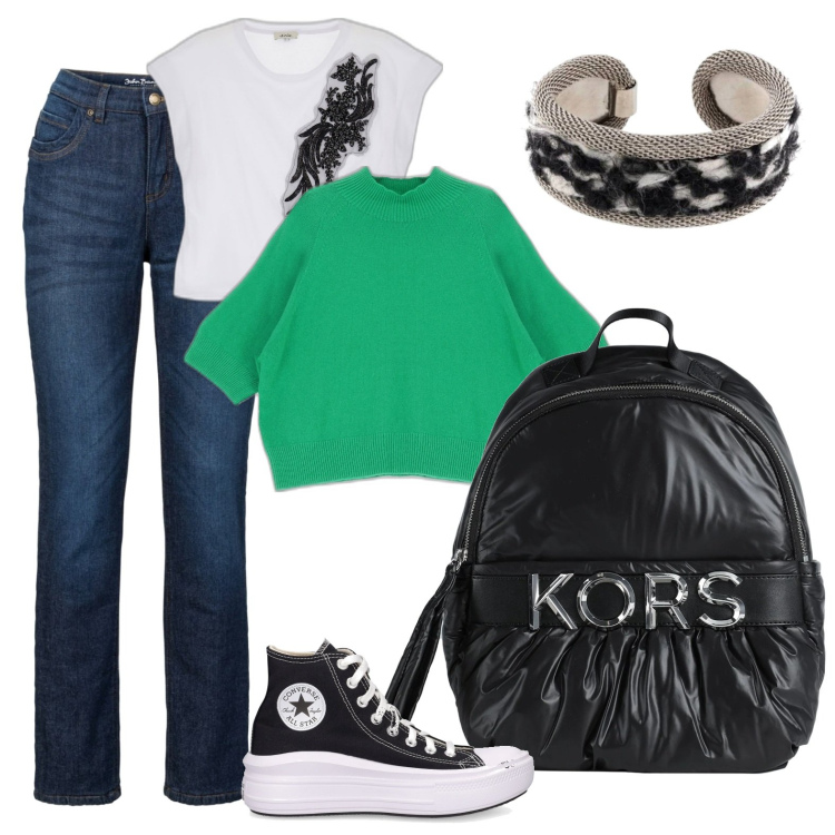 Outfit donna - Monopattino mon amour. Stile Casual per Scuola/Università. Abbinamento con jeans dritti, zaini, braccialetti, maglieria, t-shirt, sneakers.