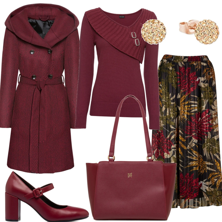 Outfit donna - Gonna lunga e golfino. Stile Casual chic per Tutti i giorni. Abbinamento con cappotti, maglieria, gonne lunghe, borse a spalla, décolleté, orecchini.