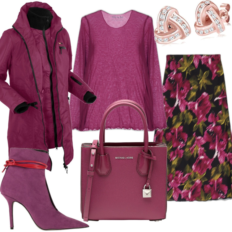 Outfit donna - Gonna midi fantasia floreale. Stile Glamour per Tutti i giorni. Abbinamento con blazer, borse a mano, stivaletti, gonne longuette, maglieria, orecchini.