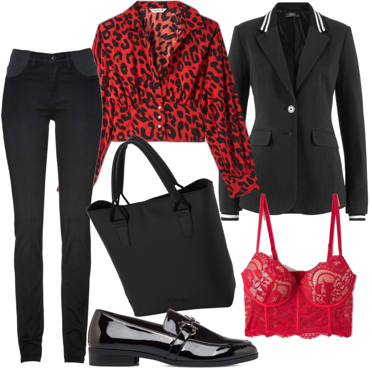 Outfit donna - Total look #1720439. Stile Casual per Tutti i giorni. Abbinamento con blazer, jeans skinny, bluse, reggiseni, mocassini, borse a spalla.