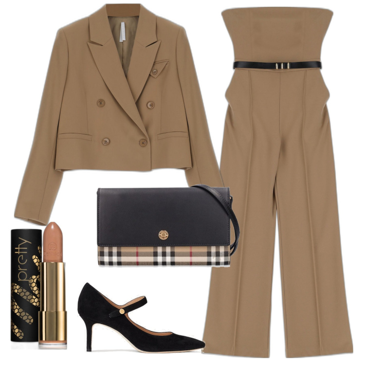 Outfit donna - Completo marrone. Stile Chic per Ufficio. Abbinamento con rossetti, tute, giacche, décolleté, borse a spalla.