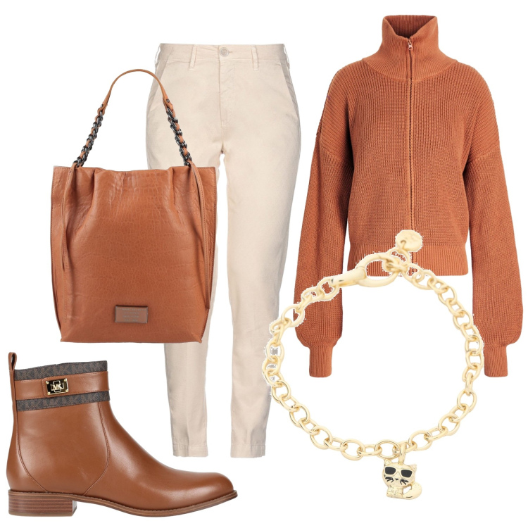Outfit donna - Nel senso. Stile Casual per Tutti i giorni. Abbinamento con cardigans, stivaletti, borse a mano, pantaloni, braccialetti.