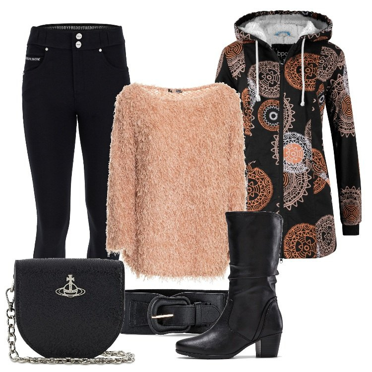 Outfit donna - Total look #1720467. Stile Urban per Ufficio. Abbinamento con parka, cinture, stivali, maglieria, pantaloni skinny, borse a spalla.