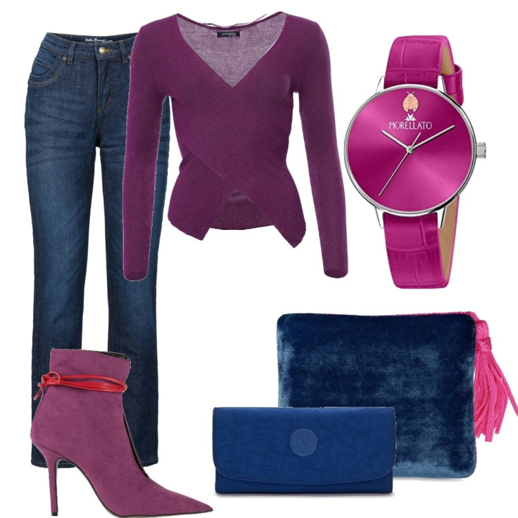 Outfit donna - L\'orologio Morellato. Stile Casual chic per Serata fuori. Abbinamento con jeans dritti, stivaletti, maglieria, orologi, portachiavi, pochette.