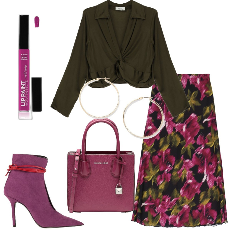 Outfit donna - Total look #1720503. Stile Boho per Tutti i giorni. Abbinamento con stivaletti, borse a mano, rossetti, gonne longuette, camicie, orecchini.