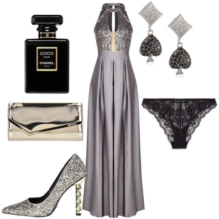 Outfit donna - Total look #1720505. Stile Glamour per Serata fuori. Abbinamento con décolleté, profumi, vestiti lunghi, perizomi, orecchini, pochette.