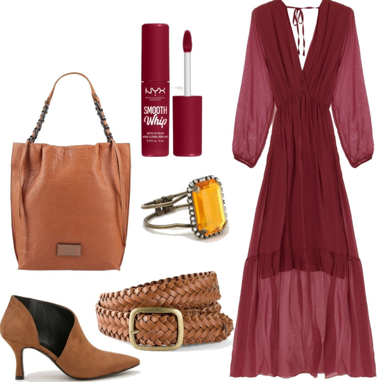Outfit donna - Total look #1720506. Stile Boho per Tutti i giorni. Abbinamento con cinture, borse a mano, rossetti, vestiti lunghi, stivaletti, braccialetti.