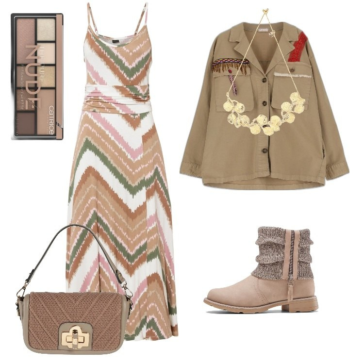 Outfit donna - Nude Opaco o Scintillante. Stile Boho per Tutti i giorni. Abbinamento con stivaletti, vestiti, borse a mano, ombretti, giacche, collane.