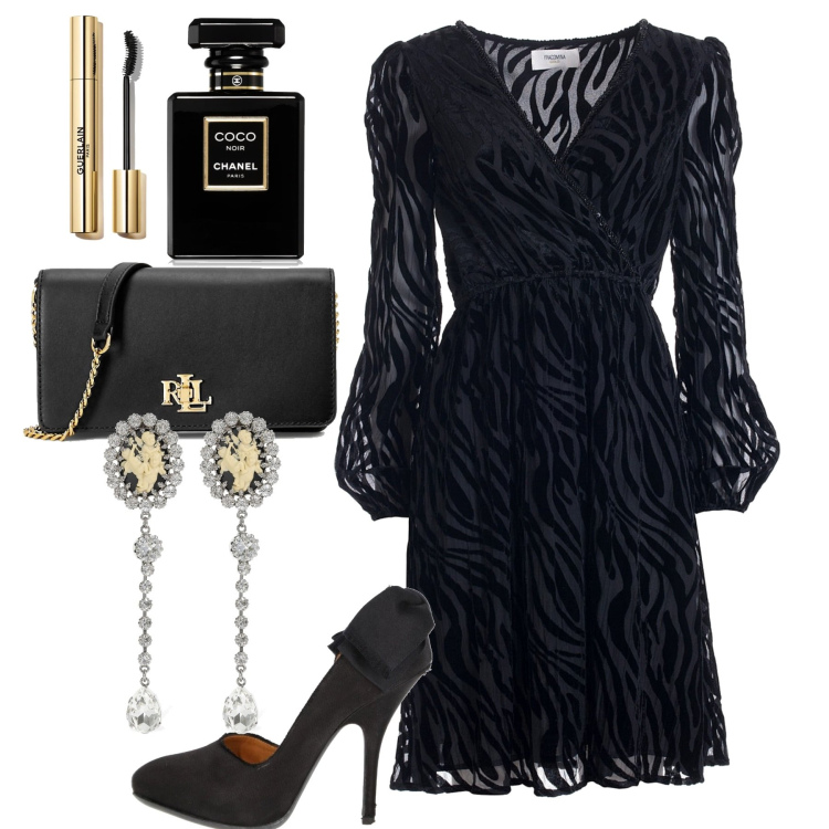 Outfit donna - Una serata importante. Stile Chic per Serata fuori. Abbinamento con décolleté, profumi, mascara, vestiti midi/longuette, borse a tracolla, orecchini.