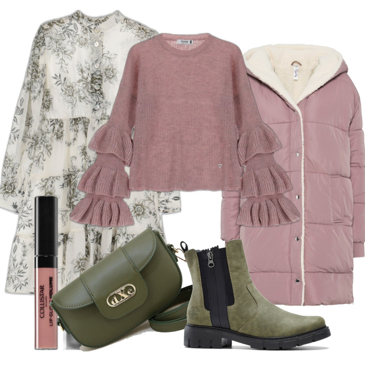 Outfit donna - Total look #1720531. Stile Boho per Tutti i giorni. Abbinamento con cappotti, stivaletti, gloss, maglieria, vestiti corti, pochette.