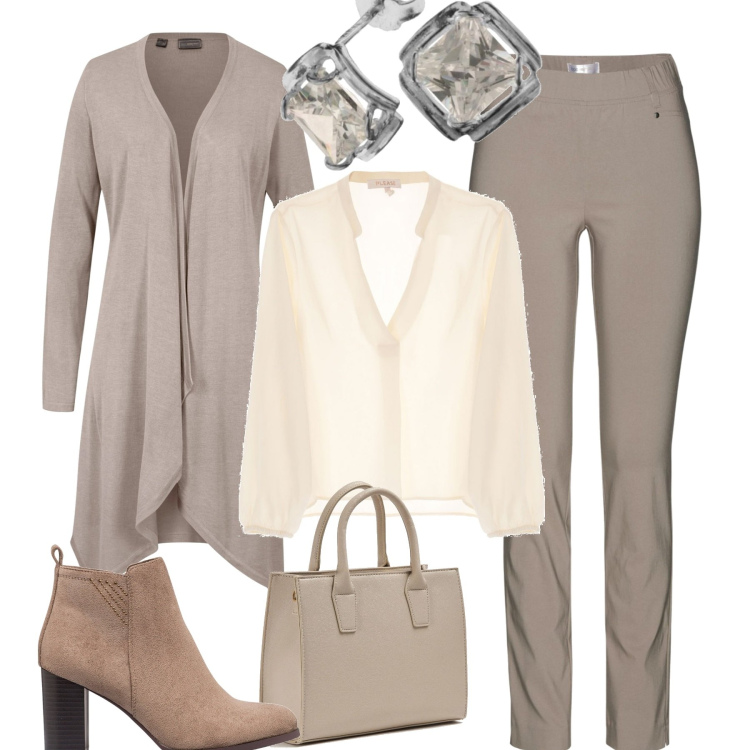 Outfit donna - In città. Stile Casual chic per Tutti i giorni. Abbinamento con pantaloni, cardigans, shopping bag, camicie, stivaletti, orecchini.