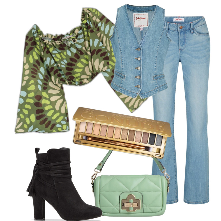 Outfit donna - Ispirazioni bohemien. Stile Boho per Tutti i giorni. Abbinamento con jeans bootcut, gilet, stivaletti, borse a mano, ombretti, camicie.