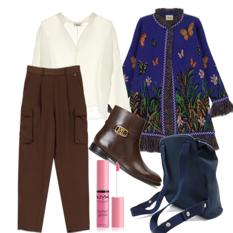 Outfit donna - Ghost outfitter - settembre. Stile Boho per Tutti i giorni. Abbinamento con zaini, gloss, cardigans, pantaloni, maglieria, stivaletti.