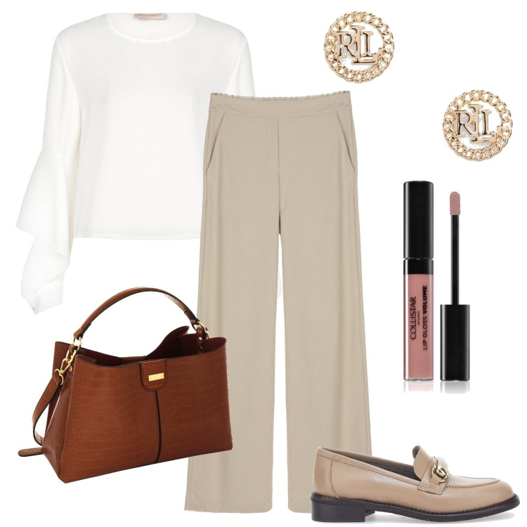 Outfit donna - Sobria ed efficiente. Stile Mannish per Ufficio. Abbinamento con gloss, bluse, orecchini, pantaloni a palazzo, borse a mano, mocassini.