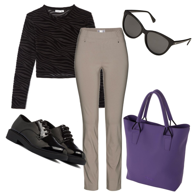 Outfit donna - La borsa viola. Stile Basic per Tutti i giorni. Abbinamento con pantaloni, t-shirt, scarpe stringate, borse a spalla, occhiali da sole.