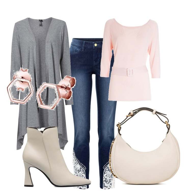 Outfit donna - Pomeriggio di settembre. Stile Casual per Tutti i giorni. Abbinamento con cardigans, jeans skinny, maglieria, borse a mano, stivaletti, orecchini.