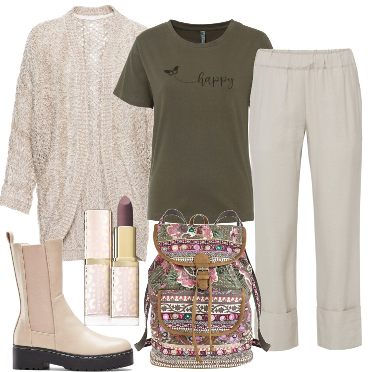 Outfit donna - Lo zaino colorato. Stile Boho per Tutti i giorni. Abbinamento con t-shirt, pantaloni capri, cardigans, zaini, stivali, rossetti.