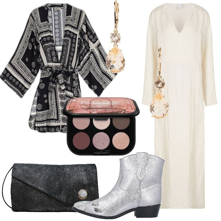 Outfit donna - Boho per l\'autunno che verrà. Stile Boho per Serata fuori. Abbinamento con vestiti lunghi, stivaletti, borse a spalla, ombretti, orecchini, trench.